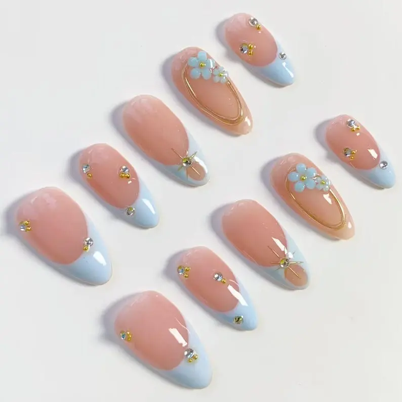 Baby blue flower nails/press on nails long almonds/Elegant nails/Light blue French nails/Golden Chrome Nails/Holiday nails/Spring nails