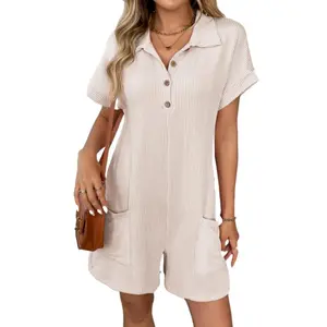 2025 Summer Jumpsuit Lapel Button Loose Pocket Short Sleeve Fit Green Shortsleeve Casual Collar Polyester Womenswear