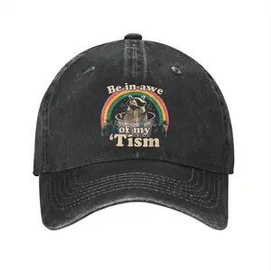Autism Awareness Humor Baseball Cap - "Be In Awe of My 'Tism" Meme Design with Autistic Raccoon, Rainbow Graphic, Durable Print, Black Casual Hat for Men, Neurodiversity Support, Funny Novelty Gift