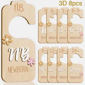 3D Wooden Baby Clothing Organizer Set, 8 Pieces Newborn Wardrobe Dividers, Wood Brand Infant Closet Separators, Ages 0-24 Months, Clear Markings