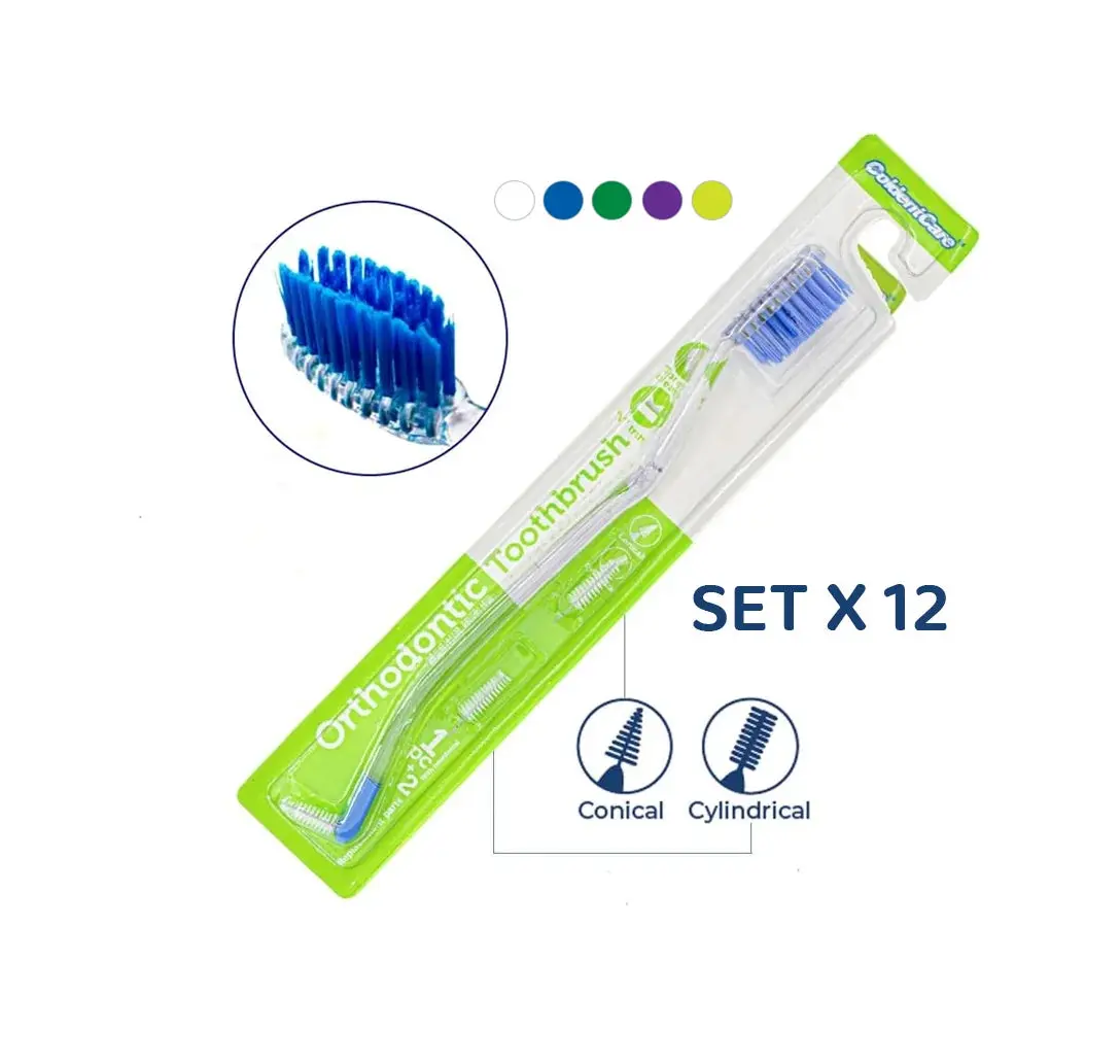Set x 12 Units Assorted Colors V-Shaped Orthodontic Toothbrush - Medium Bristle, Interproximal Head - Ideal for Ortho Braces Cleaning, Double Extreme Toothbrush