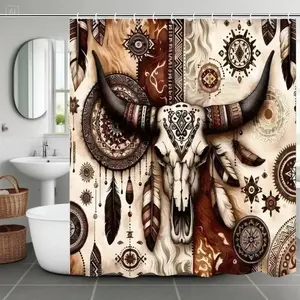 Fashion Bull Skull Shower Curtain, Perfect for Bathroom Decor, Easy to Clean, Multiple Sizes Available, Includes Shower Curtain Hooks