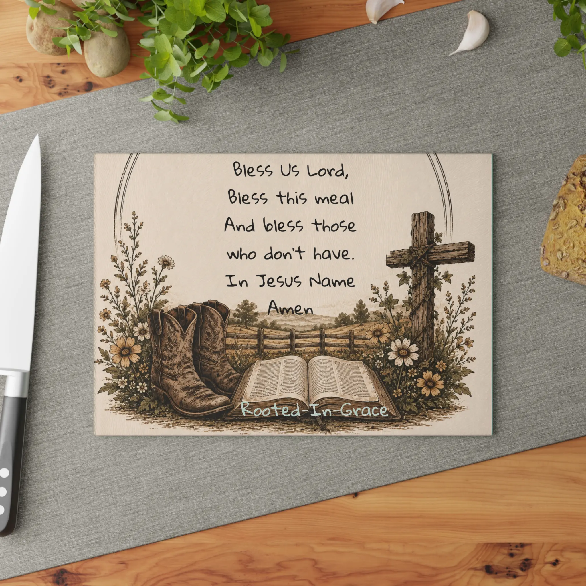 Bless This Meal Prayer Glass Cutting Board | Rustic Christian Cross, Bible & Boots