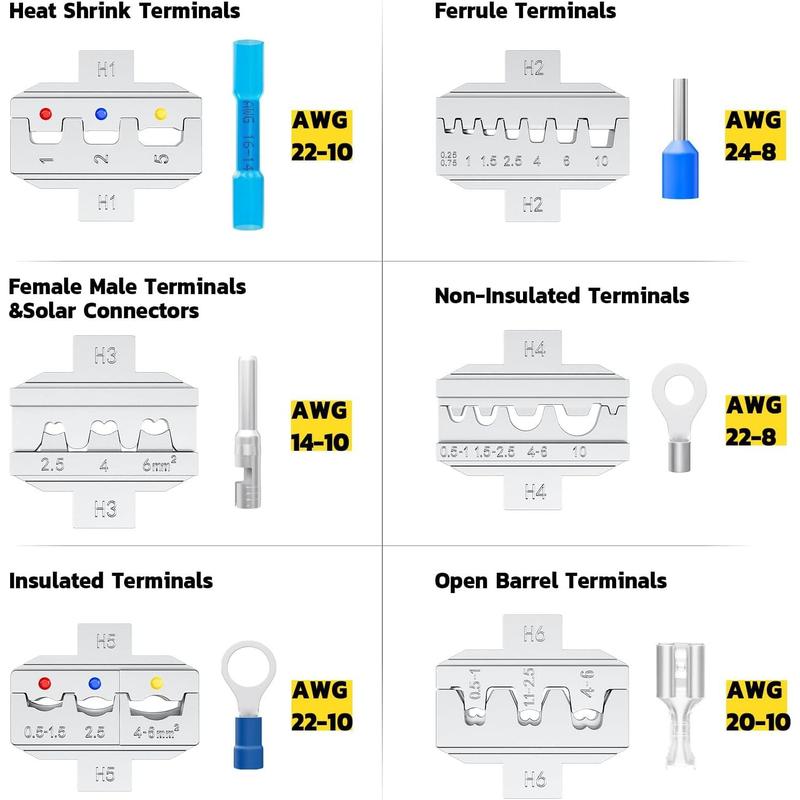6 in 1 Crimping Tool Kit and Wire Stripper, Ratcheting Wire Crimper with 6 PCS Interchangeable Dies for Heat Shrink,Non-,Ferrule,Open Barrel,Connectors, men tool gifts