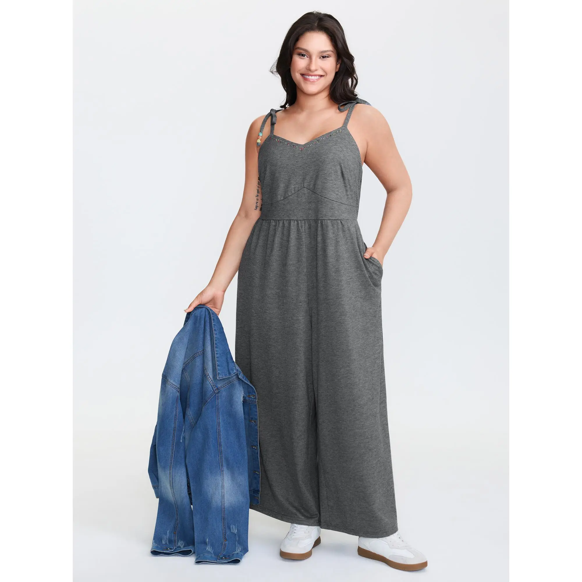 Women's Plus Size Spandex-Polyester Rayon Blend Stretchy Curves Overalls, Casual Sleeveless Maxi Jumpsuit with Beaded V-Neck, Shoulder Ties, Pockets, Flattering Fit, Machine Washable
