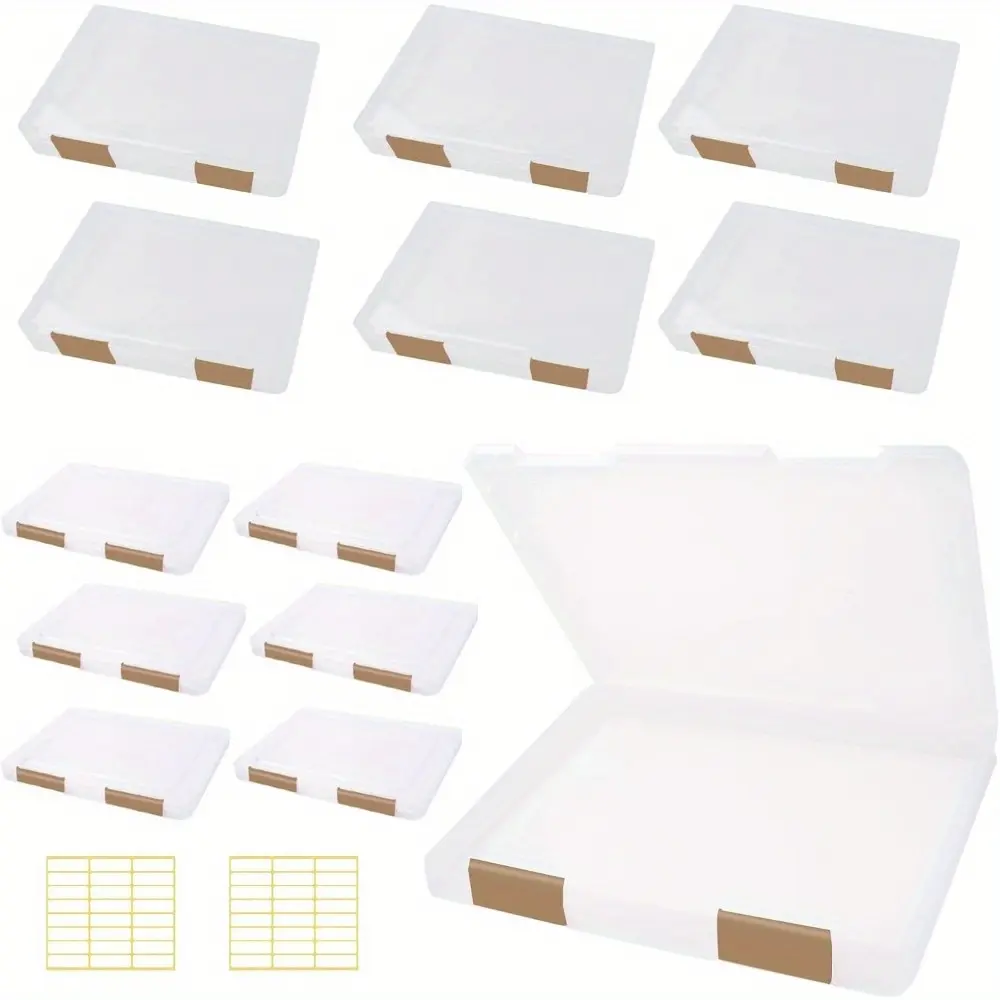 12 Pcs Clear A4 A5 File Box Document Plastic Storage Box with 48 Labels File Holder Organizer Paper Plastic Case Magazine Protector with Buckle Office School Supplies(Brown)