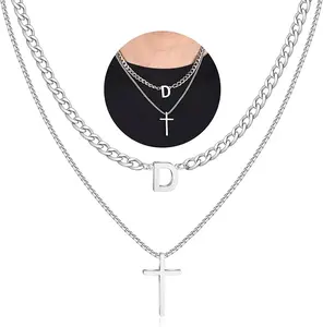 Layered Initial A-Z Letter Pendant Necklace for Men Stainless Steel Cross Pendant Necklaces Cuban Link Chain Necklace Jewelry Gift