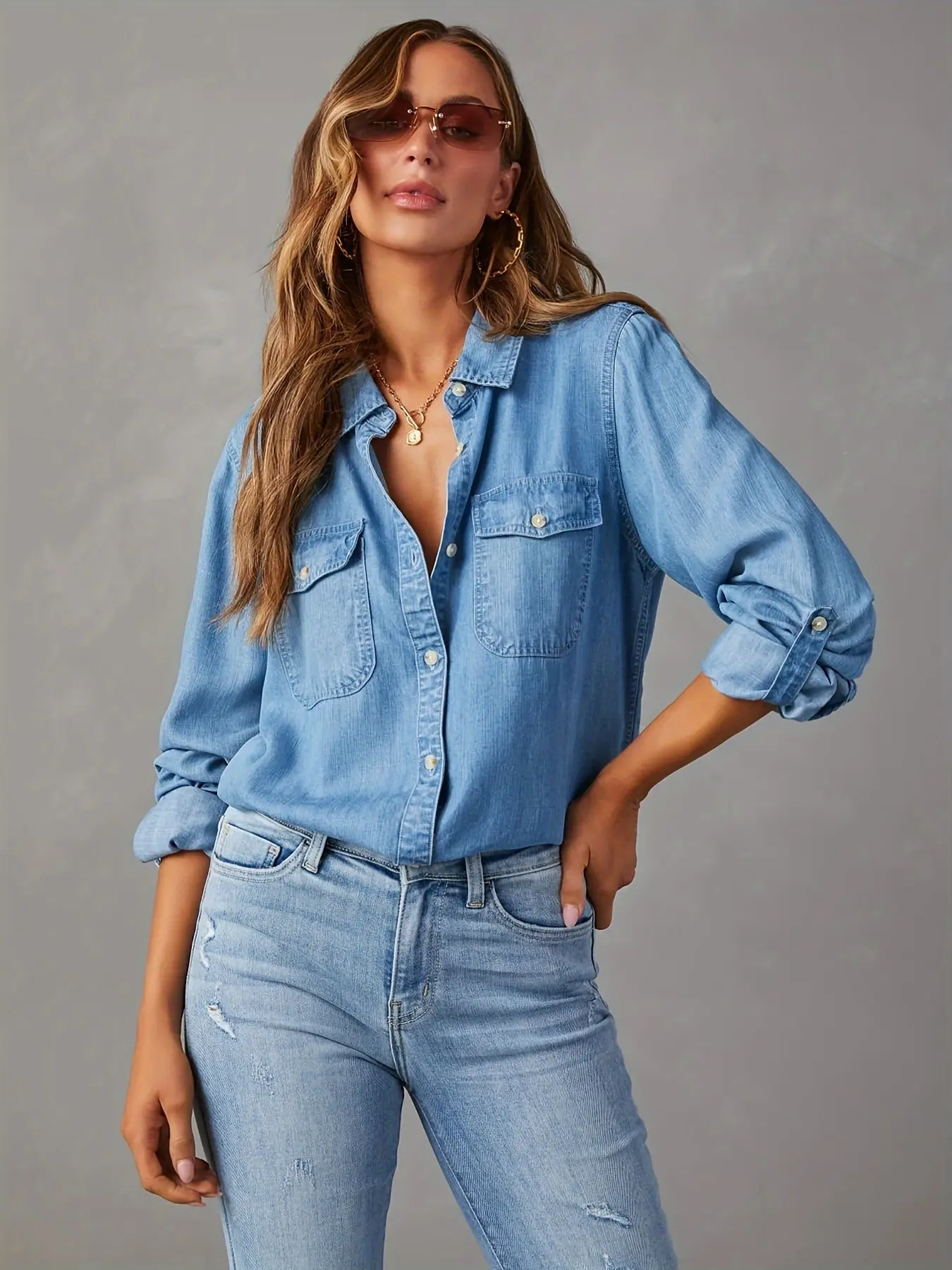 ZAFUL Women's Fitted Long Sleeves Solid Denim Blouse - Button-Collared Top, Durable Polyester Fabric, Chest Pockets, Machine Washable, Casual Office All-Season Wear