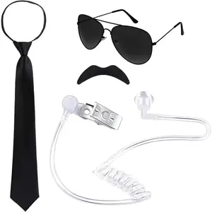 4 count Halloween Agent Costume Set Include Earpiece Earplugs Adjustable Pretied Zipper Tie Black Sunglasses  Moustaches for Men Halloween Party  Service