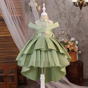 3-8Y Avocado 6132 Sequin Bow Kids Clothes Flower Girls Frock Ball Gown Pageant Children Elegant Princess Prom Host Formal Evening Party Banquet Cocktail Dress