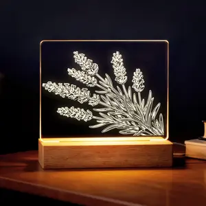 LIVEKEY Lavender Floral Acrylic Photo Frame with Wooden Base - LED Ambient Light, Bedside Lamp, Soft Glow Indoor Night Light