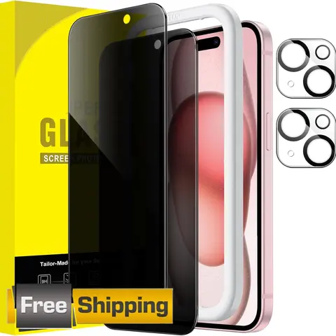 Privacy Full Coverage Screen Protector for iPhone, Anti-Spy Tempered Glass Film with Camera Lens Protector , Edge to Edge Protection Case-Friendly, 2-Pack