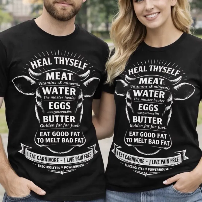 Unisex Heal Thyself with CARNIVORE T-Shirts - Meat Water Eggs Butter Design for Carnivore Diet Fans