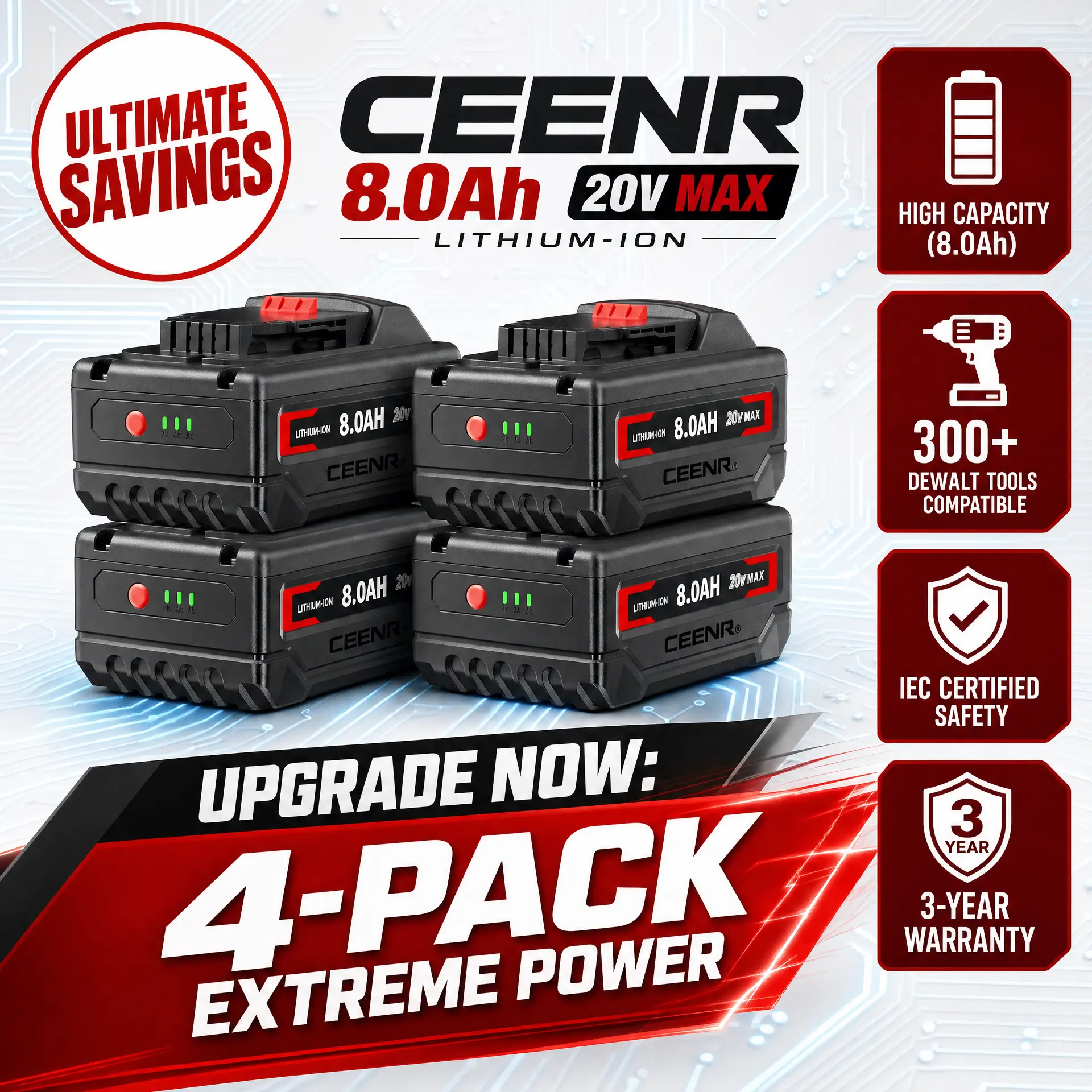 CEENR 4-Pack 20V Max 8000mAh High-Capacity Lithium-Ion Replacement Batteries for DeWalt DCB200 Power Tools, Upgraded Lishen 21700 Cells, IEC Certified Safety, 18V Compatible, Rapid Charging Support