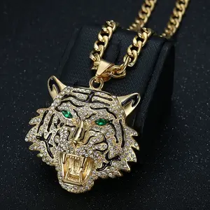 Stainless Steel Bling Iced Out Color Eyes Tiger Head Pendant Collar Chains Necklace for Men Women Couple Friends Gift Fashion Jewelry Punk