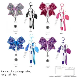 Sequin bow badge clip, extendable alligator clip, includes matching color ballpoint pen and marker, waterproof card sleeve included, suitable for nurses and hospital staff, extendable rotating clip gift for colleagues outdoorfun