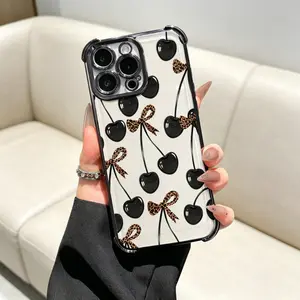 Cherry leopard print bow pattern four-corner shockproof transparent electroplated protective phone casefor iPhone Samsung Galaxy 17 Air 16Pro Max 15 14Plus 13 12 11 X XS S25 S24 S23,Simple and stylish camera Protection Durable iPhone case.