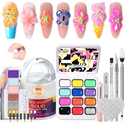 GELLAKTIK Polygel Nail Kit Set - 12-Color Patting Gel, Solid Builder, Non-Sticky Carving Formula for Extension, Ombre Gradient, Cute Look & DIY Salon Manicure