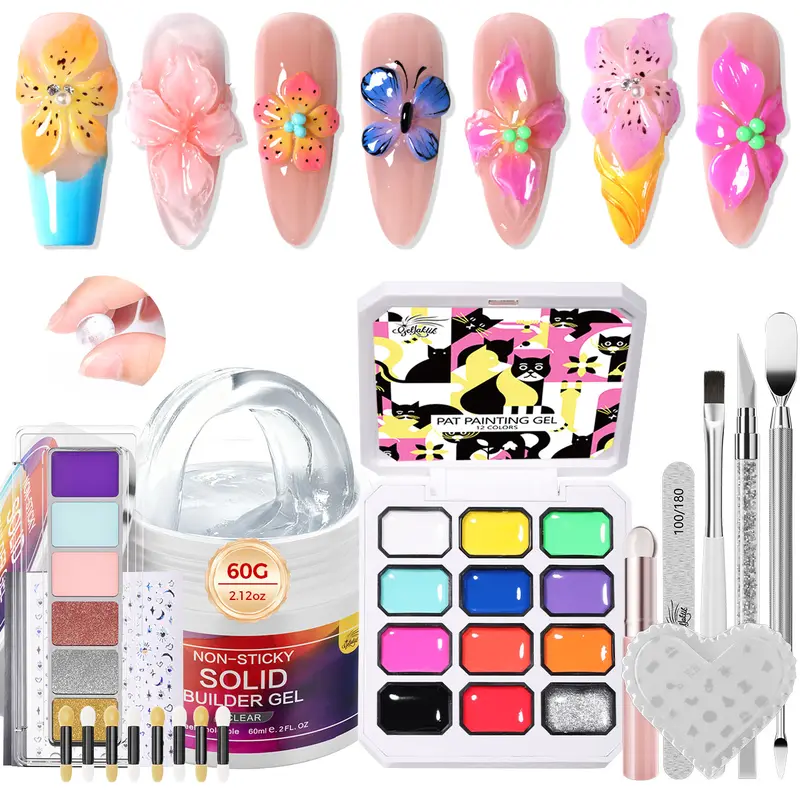 GELLAKTIK Polygel Nail Kit Set - 12-Color Patting Gel, Solid Builder, Non-Sticky Carving Formula for Extension, Ombre Gradient, Cute Look & DIY Salon Manicure