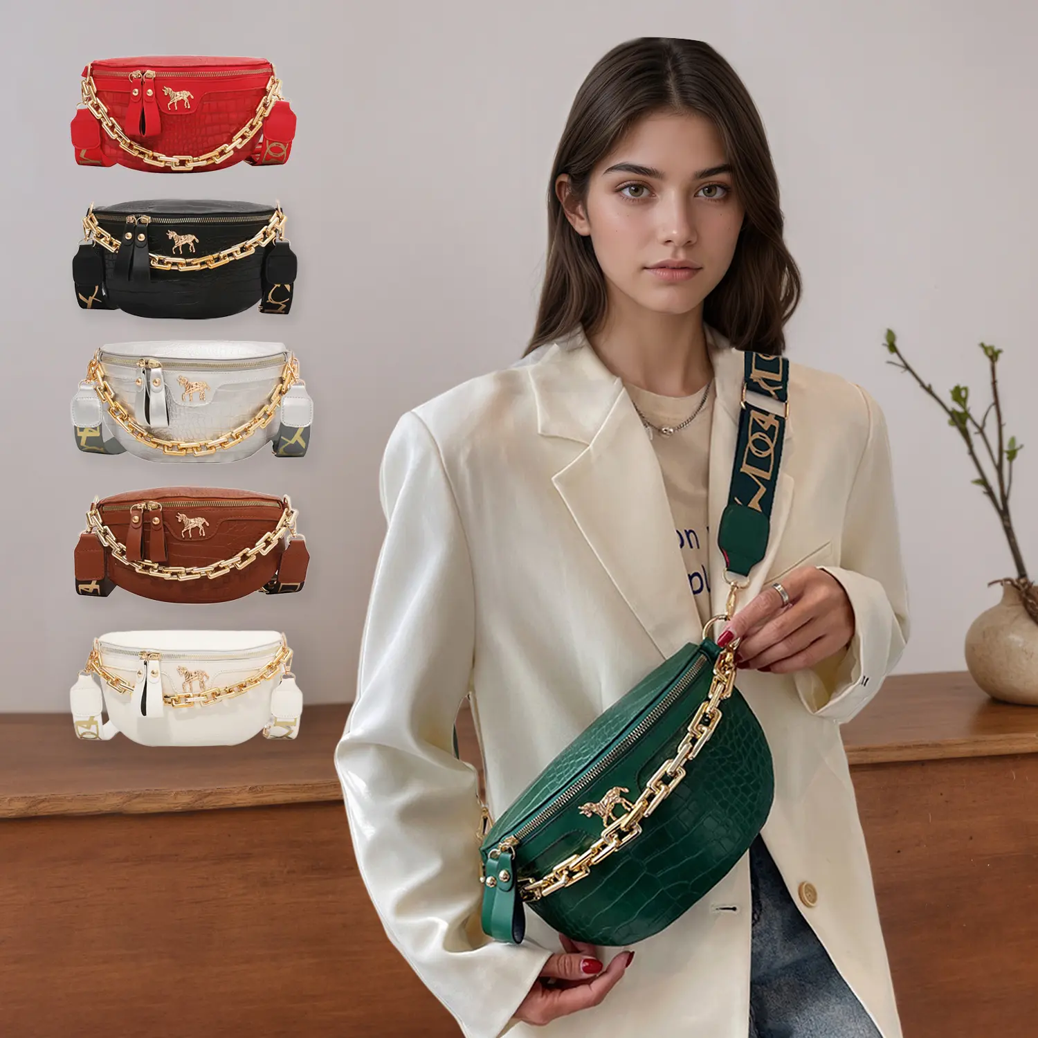 Contemporary Shoulder Bag for Women PU Leather Crocodile Fanny Pack Crossbody Bag with Thick Chain Accent for Party and Christmas Presents