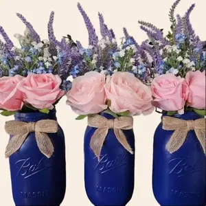 Rustic Mason Jar Centerpiece - 3 Piece with Pink Roses, Baby's Breath, Lavender & Burlap Bows - Country Style Decor