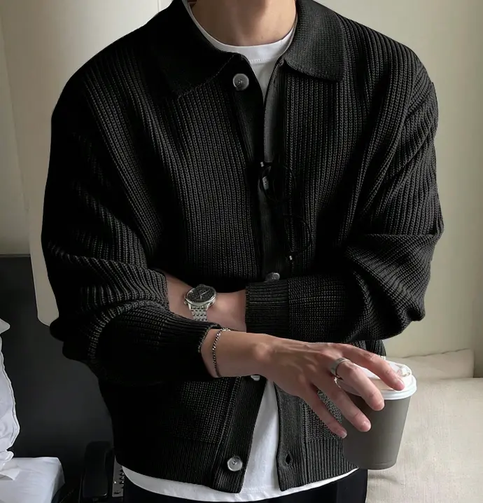 Men's Premium Oversized Ribbed Knit Cardigan - Casual Classic Longsleeve Lapel Neck Button Down Tops, Polyester Sweater Jacket for Autumn Winter Menswear