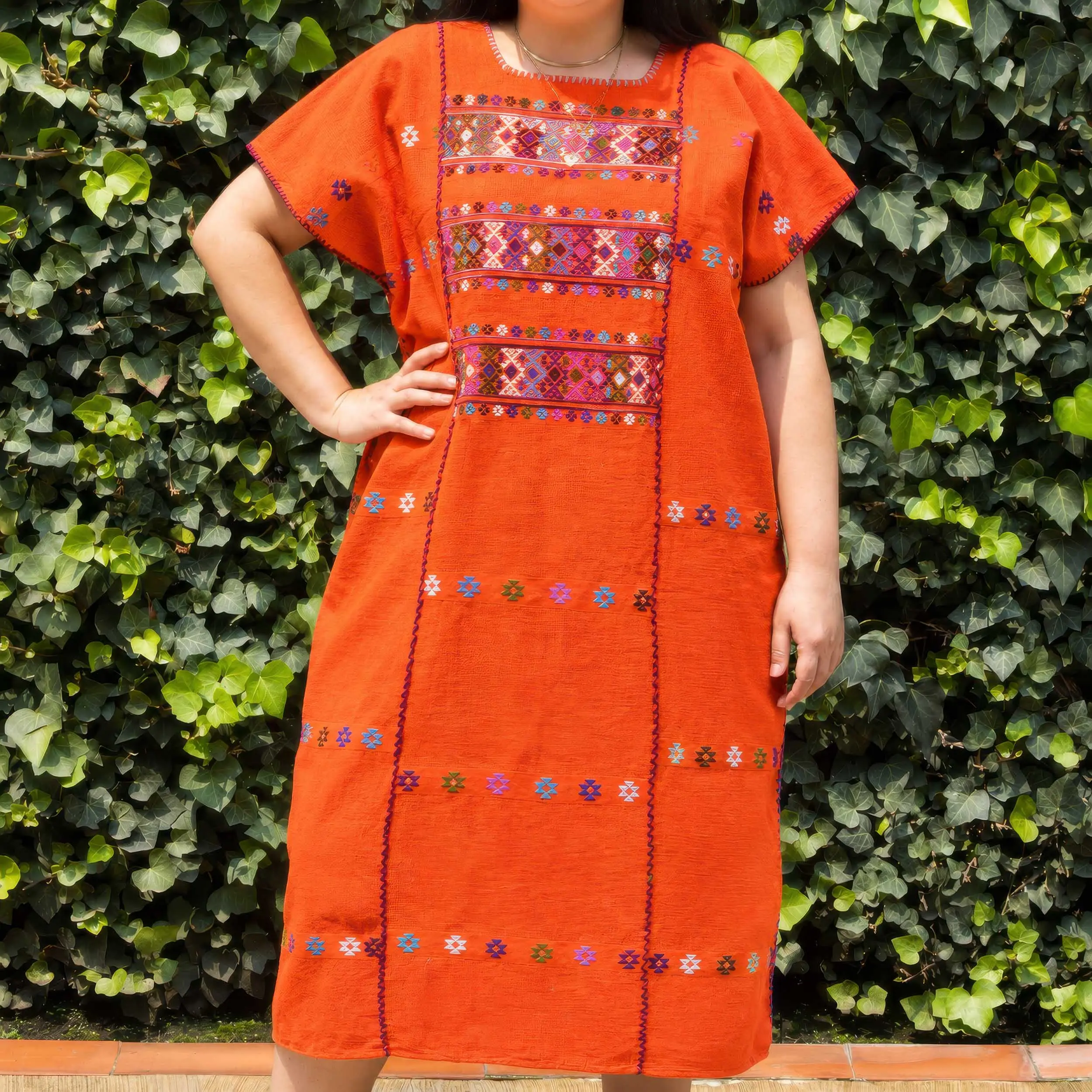 Women's Traditional Huipil Dress, Handwoven Oaxacan Cotton Tunic with Floral Geometric Patterns and a Crocheted Bottom Hem