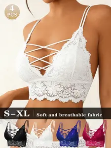 4pcs Wireless Lace Lift Elegance Bralette | Side Smoothing & Push Up Support | Crisscross V-Neck Design | Seamless Comfort Underwire-Free Bra for Women