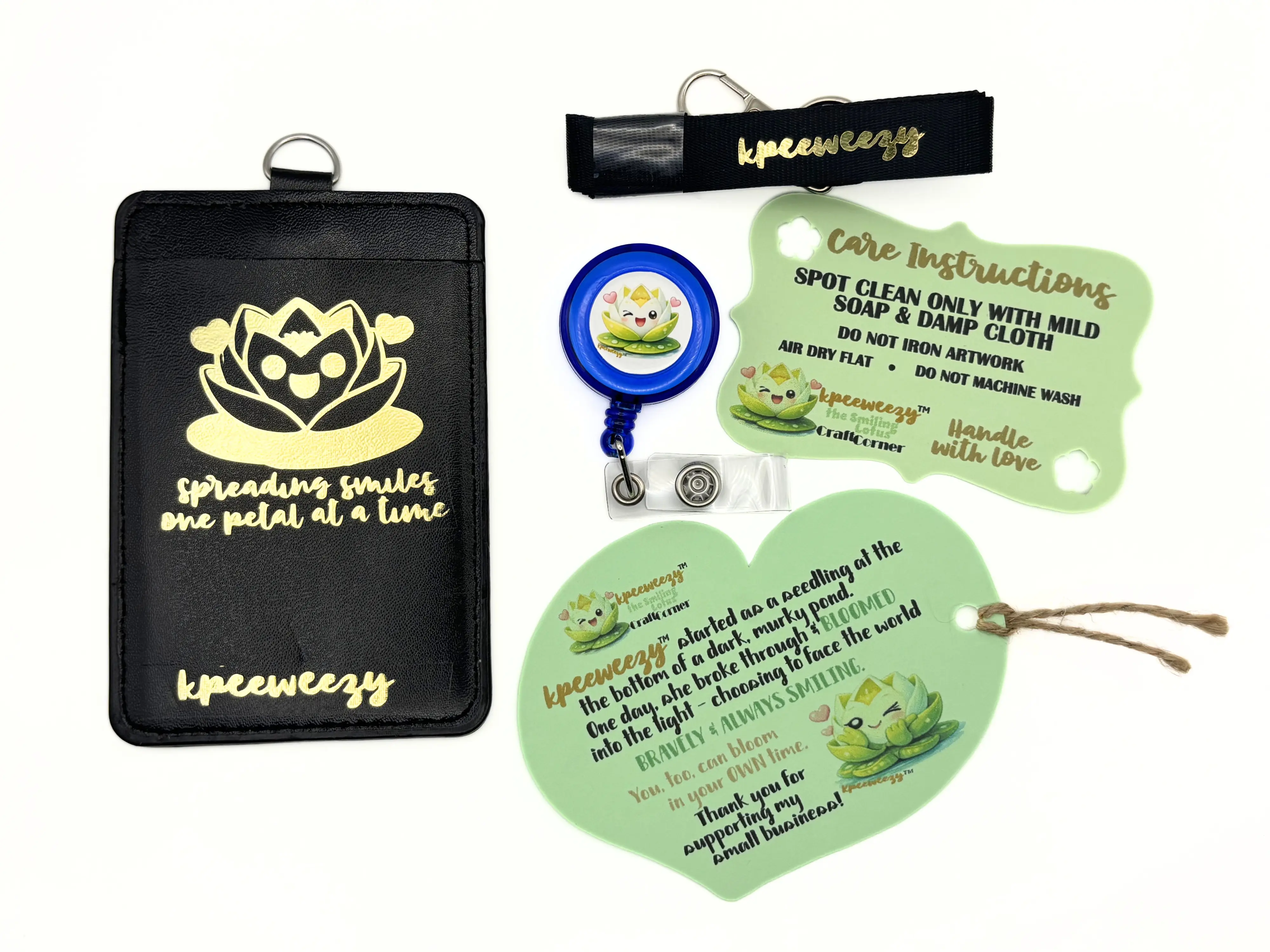 kpeeweezy Kawaii Faux Leather ID Badge Holder with Lanyard & Retractable Reel | Cute Vertical Card Case for Women, Nurses & Office | Gold Foil "Spreading Smiles" Design