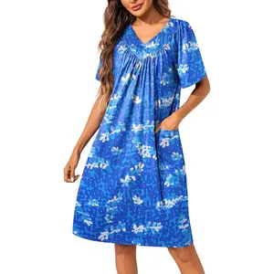 Womens House Dress Floral Print Nightgown with Pockets Mumu Dress