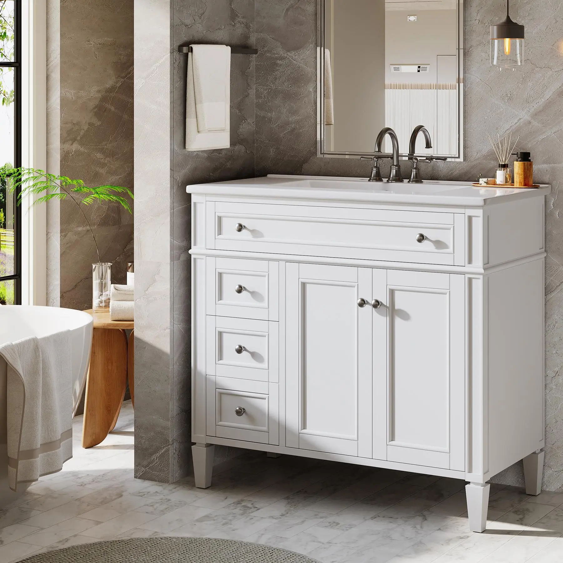 LITTLE TREE 36" Bathroom Vanity with Sink, Modern Bathroom Sink Cabinet with 4 Drawers & 2 Doors, Bath Storage Vanity Sink with Metal Handles, Solid Wood Frame, Paint Surface White