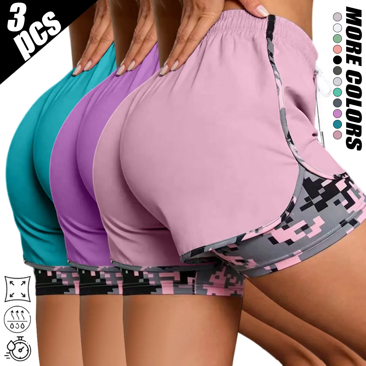 Women’s summer athletic running shorts set—comfortable sportswear with camouflage shorts and an elastic waistband in a casual sporty style. Suitable for yoga, running, tennis, climbing, gym workouts, family travel, and can serve as a gift for women.