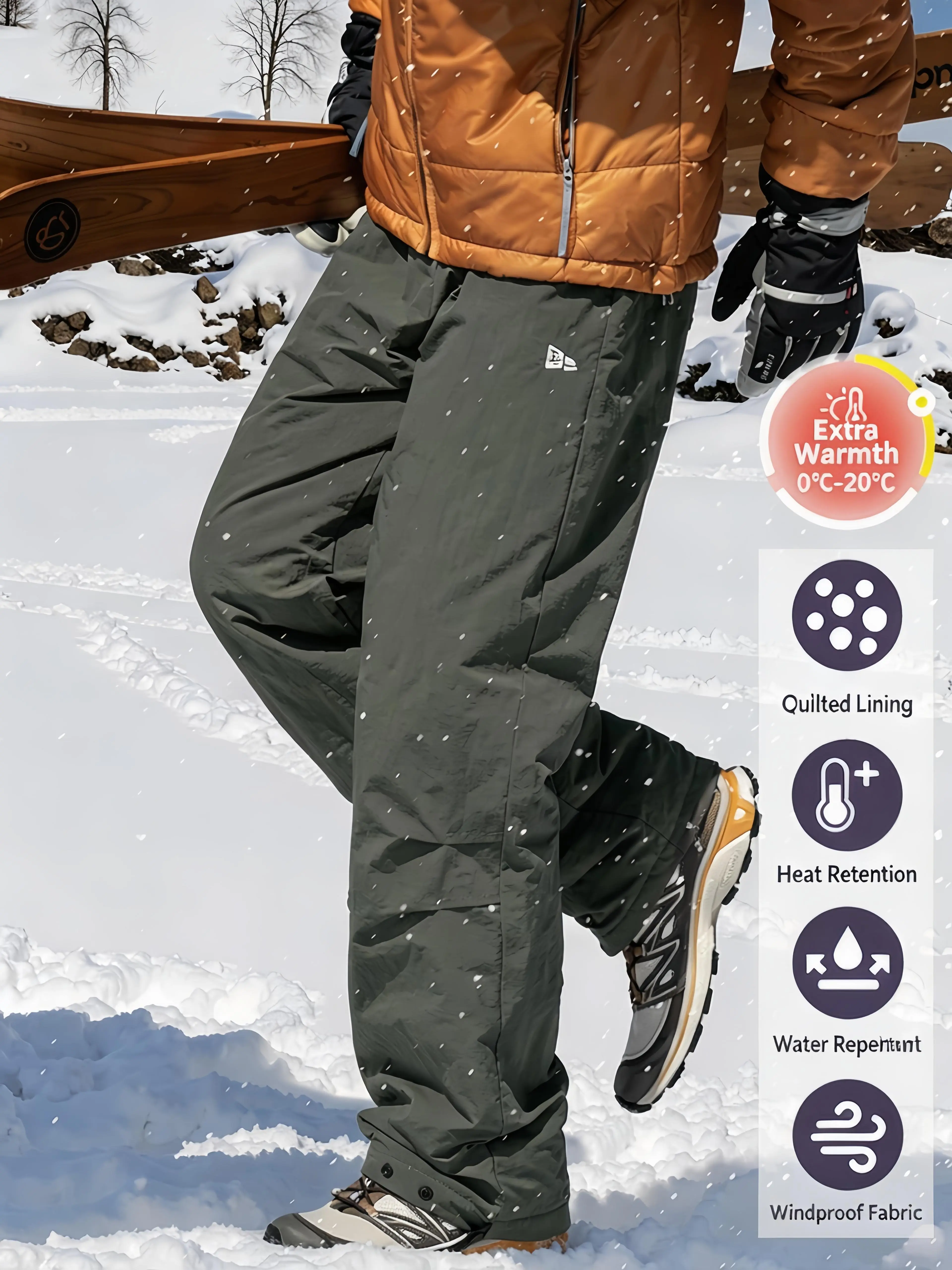 Men's Winter Snow Pants - Quilted Lining, Windproof, Water-Repellent, Heat-Retention, Casual Outdoor Hiking Ski Trousers, 4 Colors Available