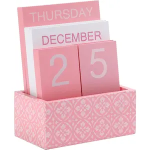 Block Calendar for Desk - Pink Wooden Perpetual Calendar - Aesthetic Accessories for Home Office Desk Decor