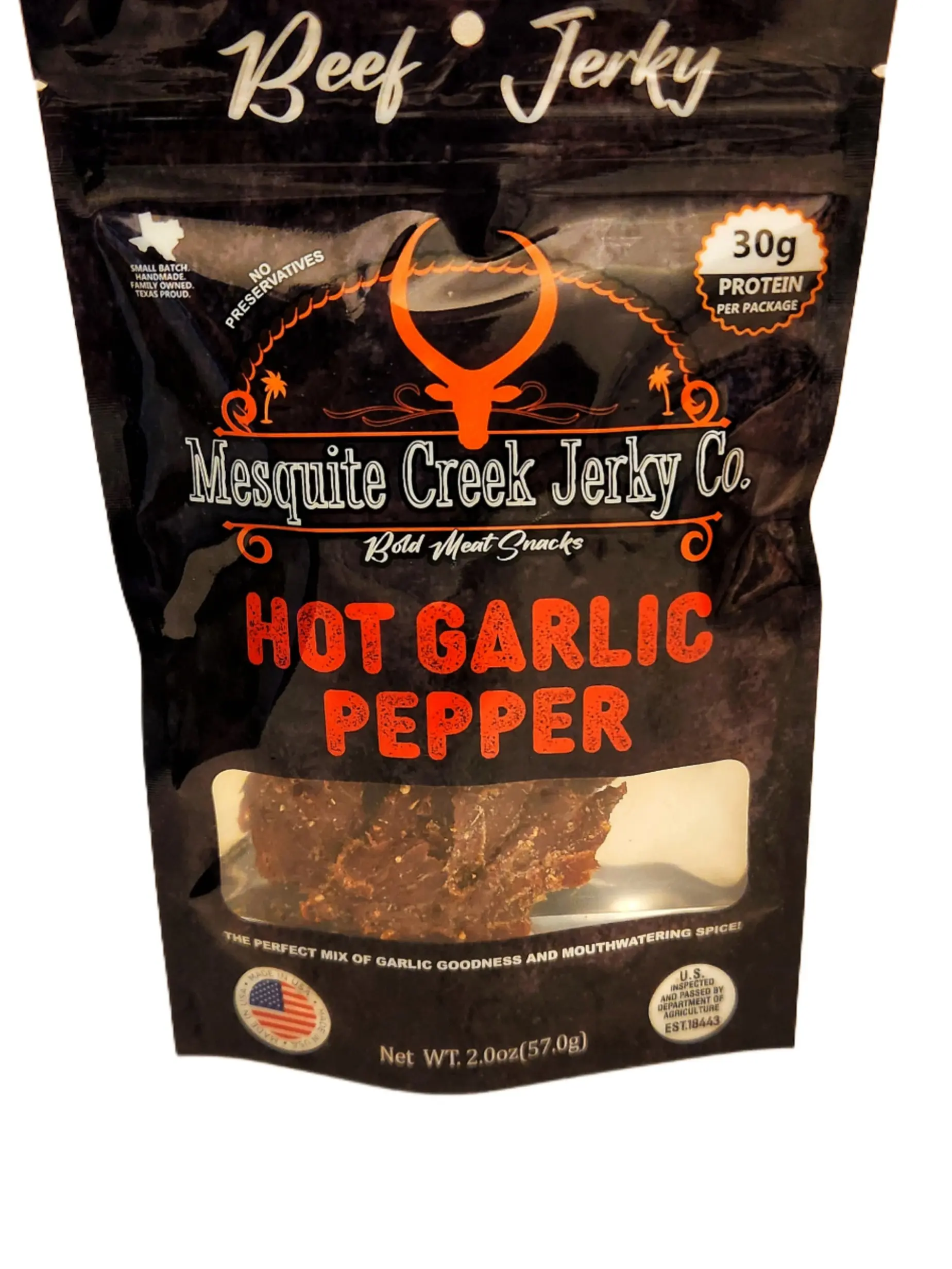 Mesquite Creek Jerky Co. Hot Garlic Pepper Beef Jerky 30g Protein 2.0oz Packaged with Garlic Goodness & Mouthwatering Spices