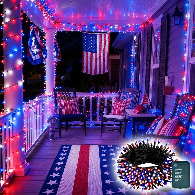 50/100 LED Blue String Lights, July 4th Patriotic Cluster Lights, Party Lights, Party Lighting Decoration, 8 Modes, Waterproof, Memorial Day Decoration, Outdoor Indoor Decorative, Outdoor Twinkle Lights, Indoor Outdoor
