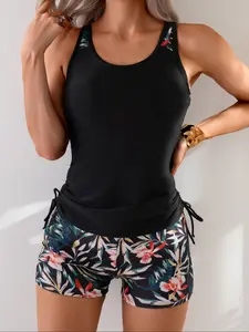 Women's Ruched Backless Drawstring Swimsuit Tankini Set, High-Waisted Briefs, Tropical Print Tankini Swimsuits, Comfortable & Stylish Swimwear, Perfect for Beach & Pool, Tankini With Shorts