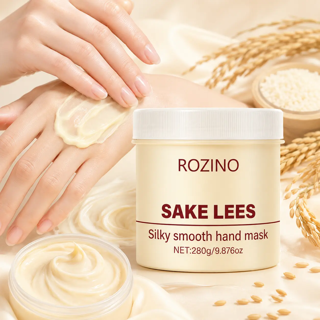 ROZINO Sake Lees Hand Mask 280g, Silky Smooth Hand Care Mask with Sake Lees Extract, Deep Moisturizing Hand Treatment for Dry Hands, Hydrating Hand Spa Mask for Soft & Smooth Skin