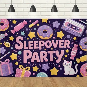 1pc 2D Girly Sleepover Party Backdrop Banner with Donut & Cat Elements, Lively & Playful, Ideal for Girls' Sleepover Parties, Female Gatherings, Slumber Parties & Birthday Party Decor