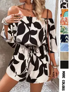 Women's Leaf Print Off Shoulder Tie Front Romper, Casual Flounce Sleeve Romper for Summer, Fashion Women's Clothing for Beach Holiday Vacation Jumpsuit