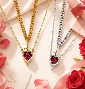 Couples' Necklace Set Light Luxury Arrow Through Heart Pendant Necklace Double Layer Stackable Clavicle Chain with Red Rhinestones Zirconia Dagger Cross Pendant Gift for Couples
