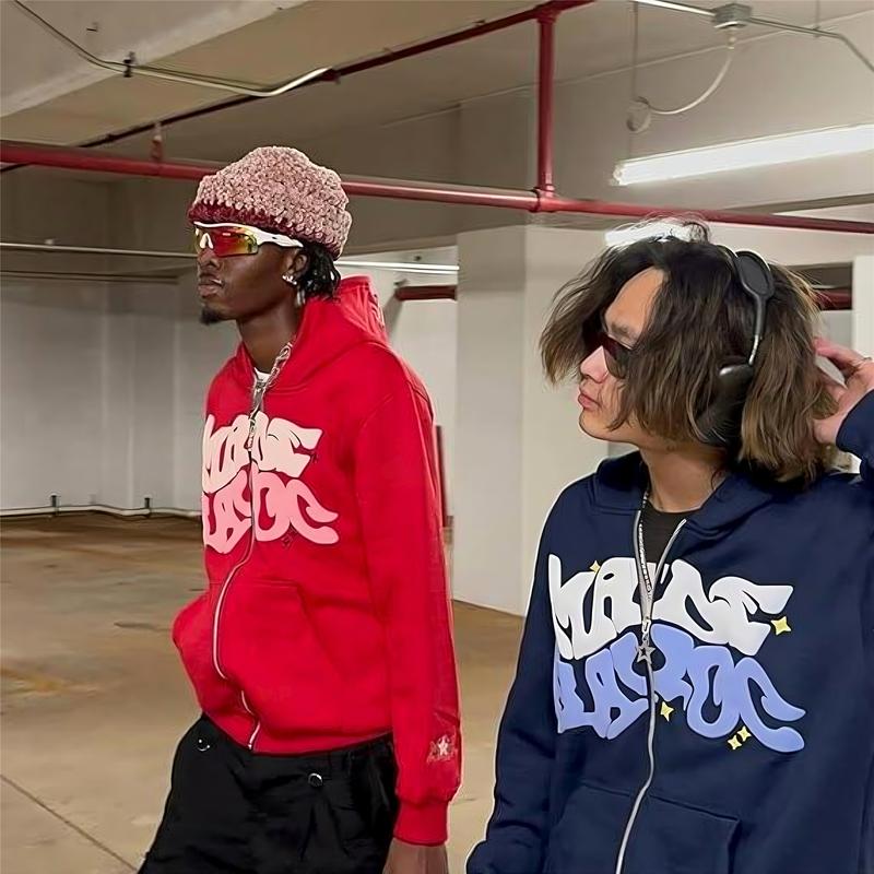 Unisex Zip Up Blue Grunge Hoodie, Puff Print - Oversized Loose Fit Streetwear Pullover Fathersday Giftaygift