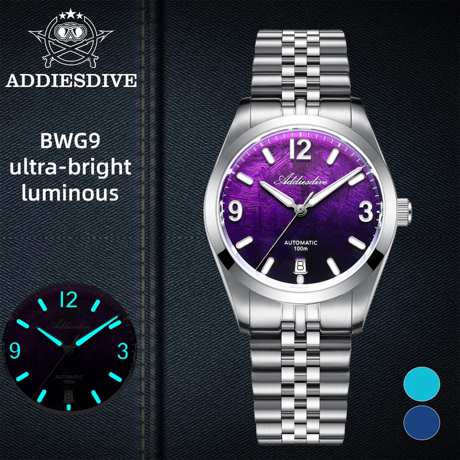 ADDIESDIVE Mens Automatic Watch - 38mm Mechanical Luxury Watch, Sapphire Crystal, 100m Waterproof, Swiss Super Luminova, Purple Dial Dress Watch