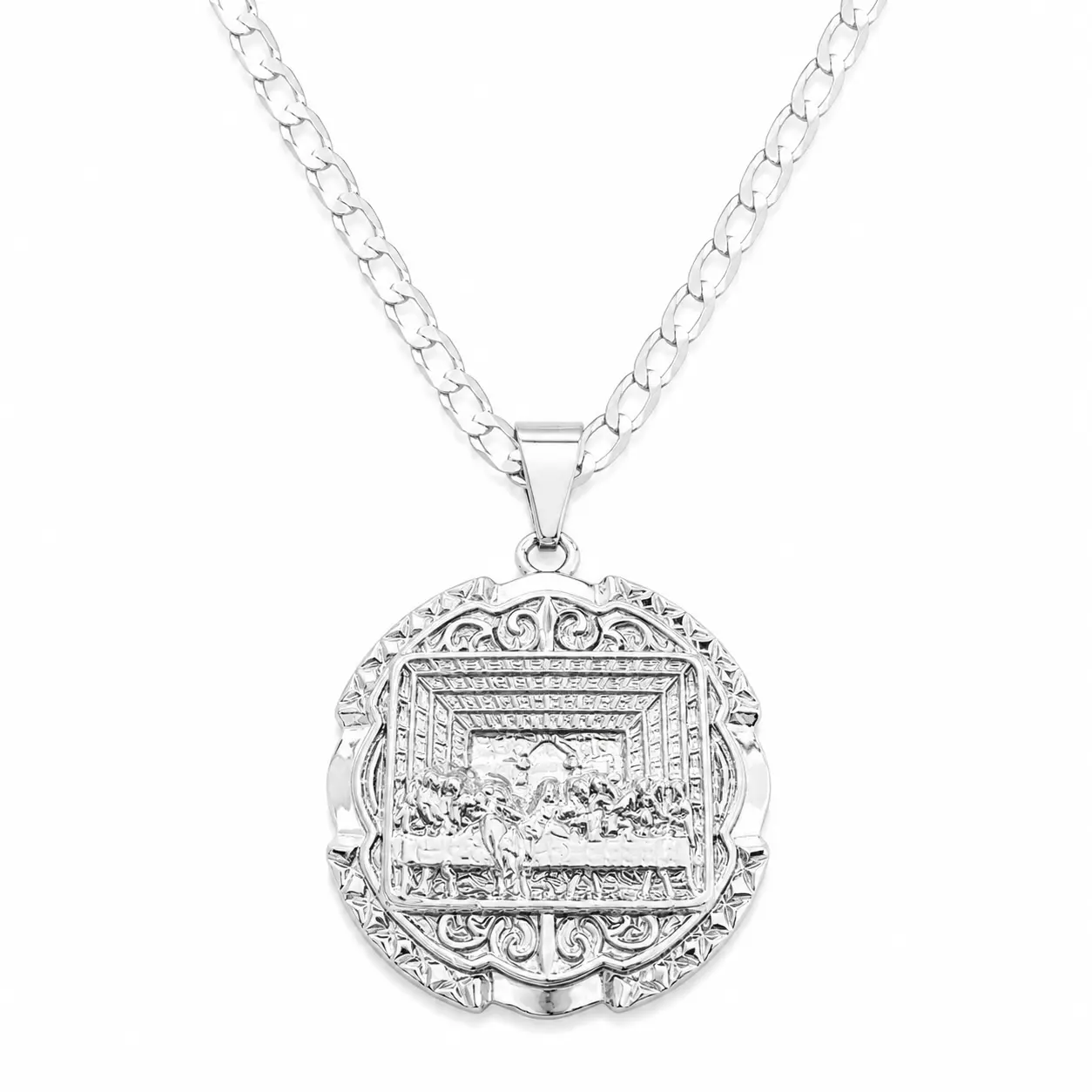 S925 Silver-Plated Last Supper Pendant Necklace, Unisex Ethnic Jewelry with 4MM Cuban Link Chain (22in)