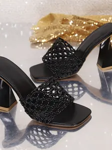 Openwork Knitted Square Toe Mule Sandals, Unlock Romantic & Elegant Night, Stylish Summer Footwear for Women