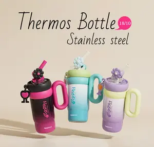 Aesthetic Stainless Steel Water Bottle 25.8oz — Floral Straw, Leak-Proof, BPA Free, Soft Handle, Durable