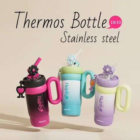 Aesthetic Stainless Steel Water Bottle 25.8oz — Floral Straw, Leak-Proof, BPA Free, Soft Handle, Durable