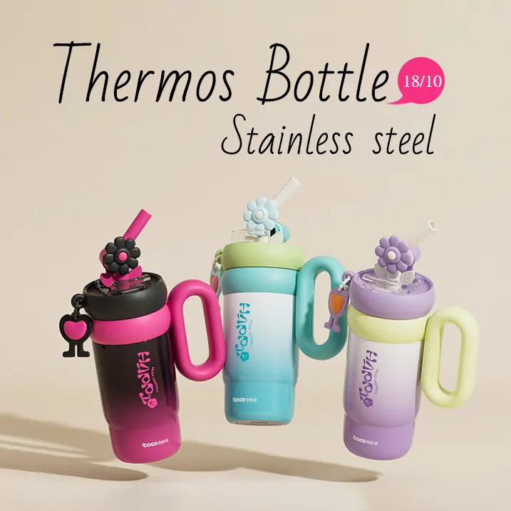 Aesthetic Stainless Steel Water Bottle 25.8oz — Floral Straw, Leak-Proof, BPA Free, Soft Handle, Durable