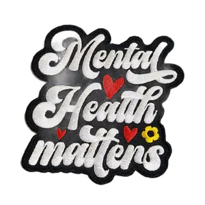 Patch Party Club, (1-pc) "Mental Health Matters" Embroidered Patch - Black & White with Three Hearts and Sunflower Accents, Size 4", Inspirational Patch