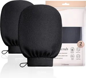 Exfoliating Gloves 2 Pack Body Scrub Mitts for Dead Skin Removal Dual Sided Sponge African Net Sponges for Bath Shower Women Men Black